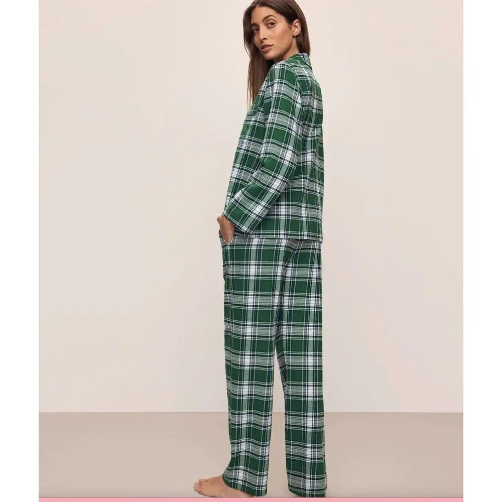Eberjey Flannel Long Pajama Set Green Plaid Button Down Size Small